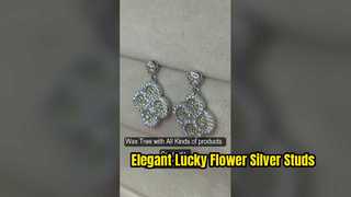 Elegant Apple Green Lucky Flower Silver Stud Earrings Blue CZ Stud