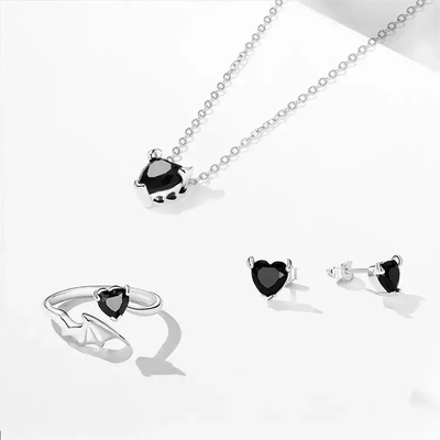 Jewelry Set Zircon Earrings 925 Sterling Silver Black Stone Ring Heart Necklace Women'S