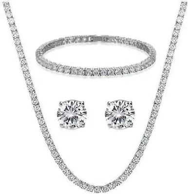 Diamond Rhinestone Jewelry Set Tennis Necklace Earrings Pendant Silver 925 Jewelry Set