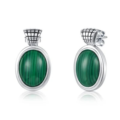 Custom Vintage 925 Sterling Silver Earrings Oval Green Gemstone Earrings