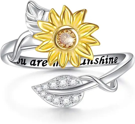 Wedding Finger 925 Sterling Silver Rings , Sunshine Sunflower CZ Heart Ring