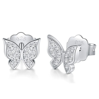 Round Sterling Silver 925 Stud Earrings , Girls CZ Butterfly Earrings