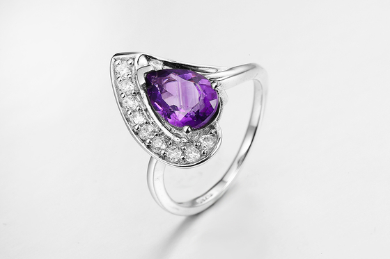 Rhodium Plated Amethyst Nautual Gemstone Ring 5.23g 925 Silver Womens Ring