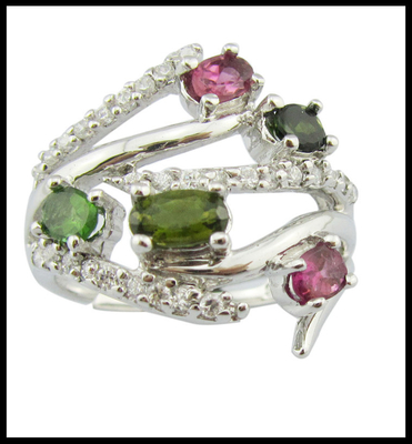 Fashionable Gemstone Rings In 925 Silver For Women Casual Party Wear Oval Rhodium Plated Jewelry Tourmaline
