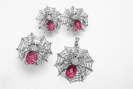 Ruby Silver 925 Jewelry Set 14.26 Grams Sterling Silver Spider Pendant
