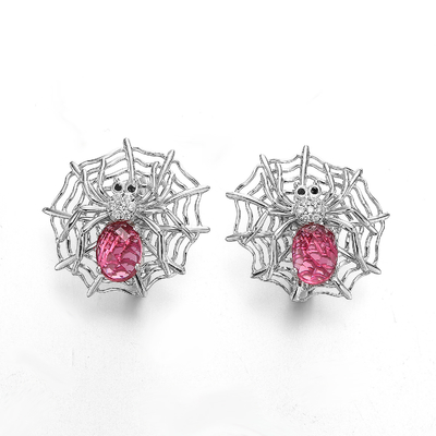 Ruby 925 Sterling Silver Stud Earrings With Swarovski Crystals 4.85g Spider Web