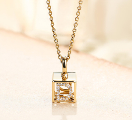 0.03ct 18K Yellow Gold Diamond Necklace A-Z Initials 3D Cube