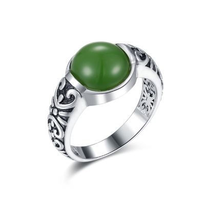 Carved 925 Silver Gemstone Rings 10x10mm Round Shaped Dark Green Jade Ring