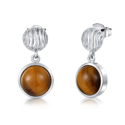 Round Shaped Tiger Eye Stone Stud Earrings Rhodium Plated 925 Silver for Gift