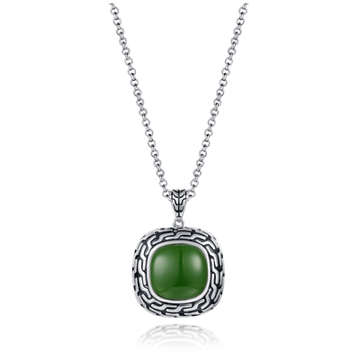 9.48g 925 Silver Gemstone Pendant Bead Chain 14x14mm Cushion Green Jade Pendant