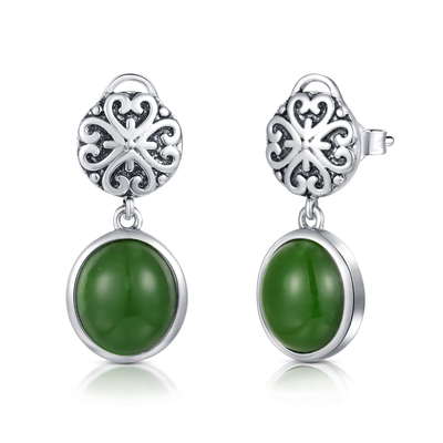 1.54g 925 Sterling Silver Gemstone Earrings 9x10mm Oval Green Jade