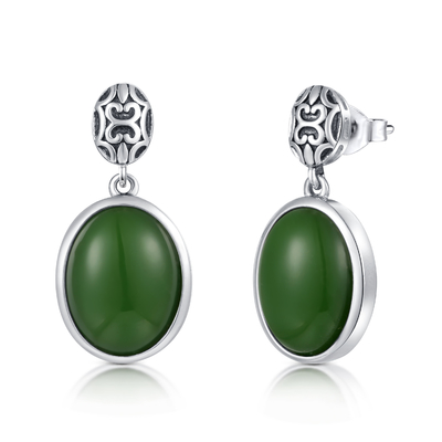 December Birthstone 925 Sterling Silver Gemstone Earrings 10x13mm Oval Green Jade
