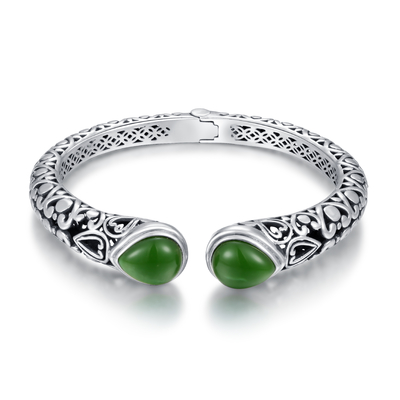 Stones Crystals 925 Sterling Silver Bangles 10x12mm Pearl Shape Green Jade