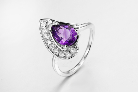 Rhodium Plated Amethyst Nautual Gemstone Ring 5.23g 925 Silver Womens Ring