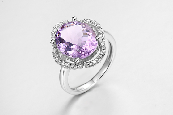 Rhodium Plated Amethyst Nautual Gemstone Ring 5.23g 925 Silver Womens Ring