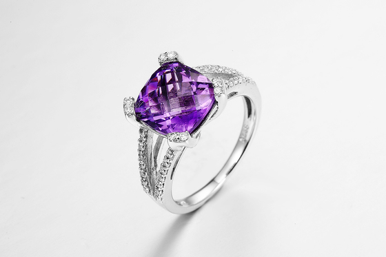 Rhodium Plated Amethyst Nautual Gemstone Ring 5.23g 925 Silver Womens Ring