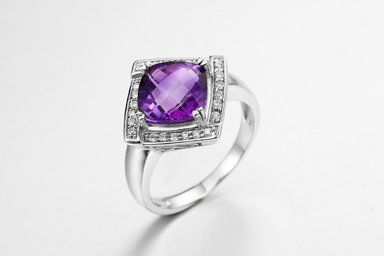 Rhodium Plated Amethyst Nautual Gemstone Ring 5.23g 925 Silver Womens Ring