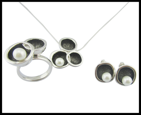 Pearl Round White Pearl Classic Style Silver 925 Jewelry Set with AAA CZ and Rhodium Plating  Sterling Silver Wedding