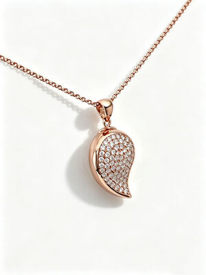 Rose Gold 925 Silver CZ Pendant  Blooming Teardrop Leaf  Pendant with RG 1.5mm Rolo Chain Jewellery Factory White AAA Pave CZ Stones  22*15.5mm Size 6.25g Total Weight Necklace Teardrop Leaves