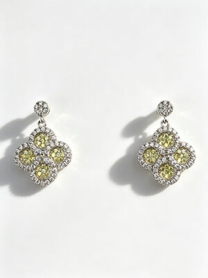 Rhodium Plated 925 Silver CZ Earrings with Apple Green and White AAA CZ Stones in Round Lucky Flower Circle Design