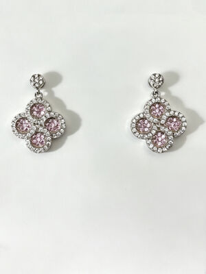 925 Silver CZ Earrings with Peach Pink and White AAA CZ Stones in Round Lucky Flower Circle Design Hypoallergenic Rhodium Plated