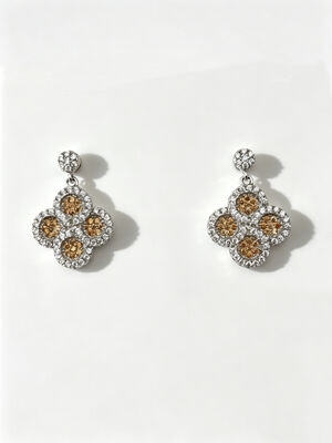 Rhodium Plated 925 Silver CZ Earrings with Dark Champagne CZ Stones in Round Lucky Flower Shape