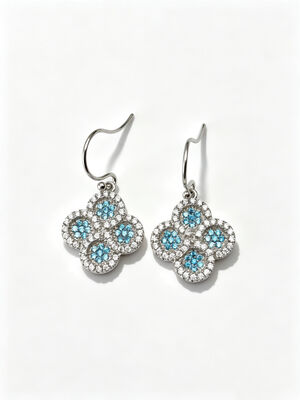 2026 New Hot Summer 925 Silver CZ Earrings Hook/Earring Wire Rhodium Plated Hypoallergenic Lucky Flower Circle Design with Aquamarine and White AAA CZ Stones