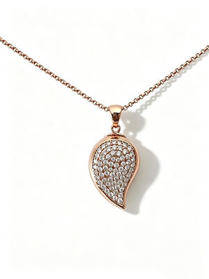 Rose Gold 925 Silver CZ Pendant  Blooming Teardrop Leaf  Pendant with RG 1.5mm Rolo Chain Jewellery Factory White AAA Pave CZ Stones  22*15.5mm Size 6.25g Total Weight Necklace Teardrop Leaves