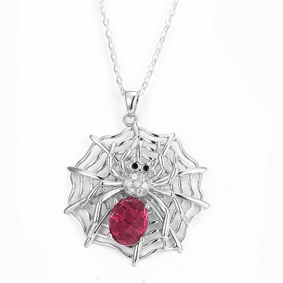 Sterling Silver Spider Web Pendant Red Ruby Swarovski Gemstone Necklace
