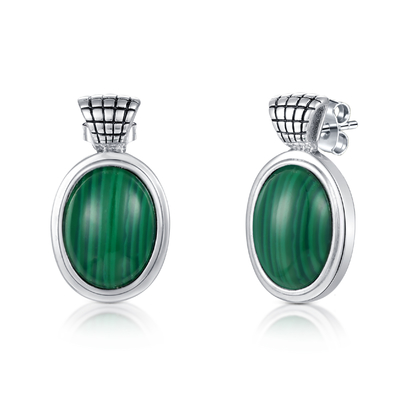 Oval Shape Malachite Stud Earrings 4.75gram 925 Silver Micropave Technology