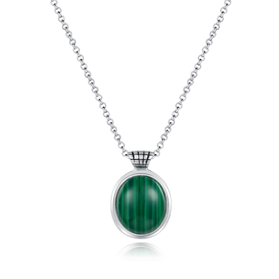 925 Sterling Silver Malachite Pendant 13x15mm Oval Shaped For Women
