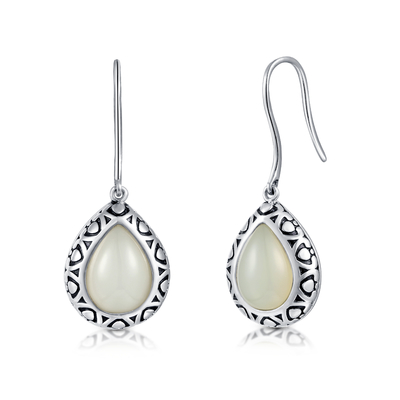 Carved 925 Sterling Silver Gemstone Earrings 5.63g Pear Shaped White Jade