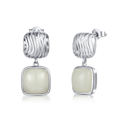 10x10mm Cushion White Jade Stud Earrings 925 Silver Minimalist Style