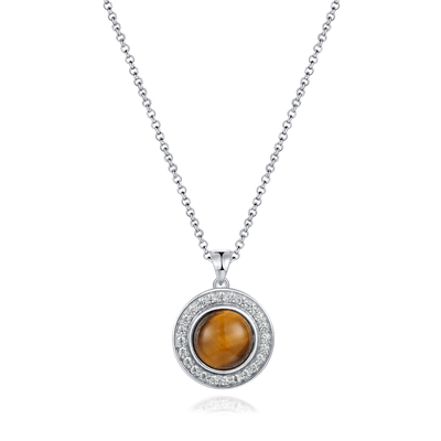 Women 925 Silver Gemstone Pendant Round Rhodium Plating Tiger Eye Stone Pendant